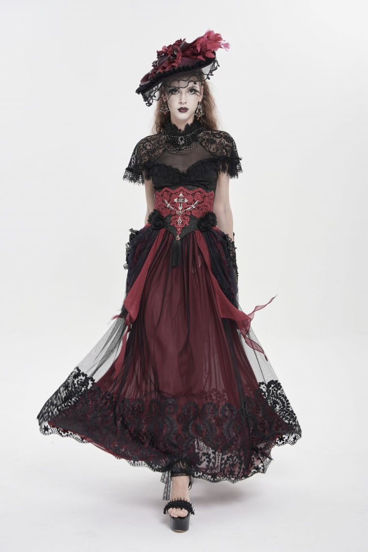 Black/Red Embroidered Lace Women's Gothic Underbust Corset Embroidered Rose Cross Underbust Corset