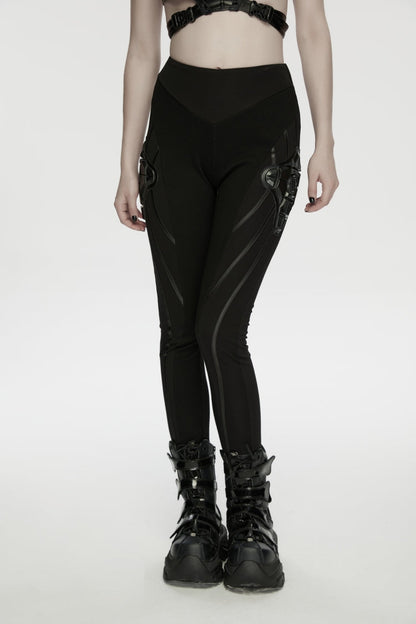 Black Slim Women's Punk Armor-Accentuated Paneled  Leggings