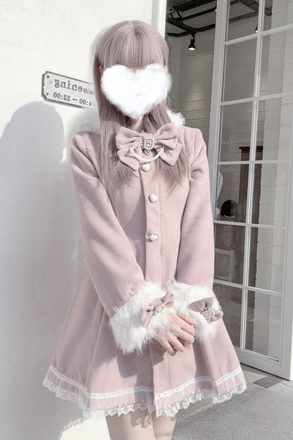 Pink Long Sleeves Bowknot Rabbit Ears Detachable Hooded Japanese Jirai Kei Coat