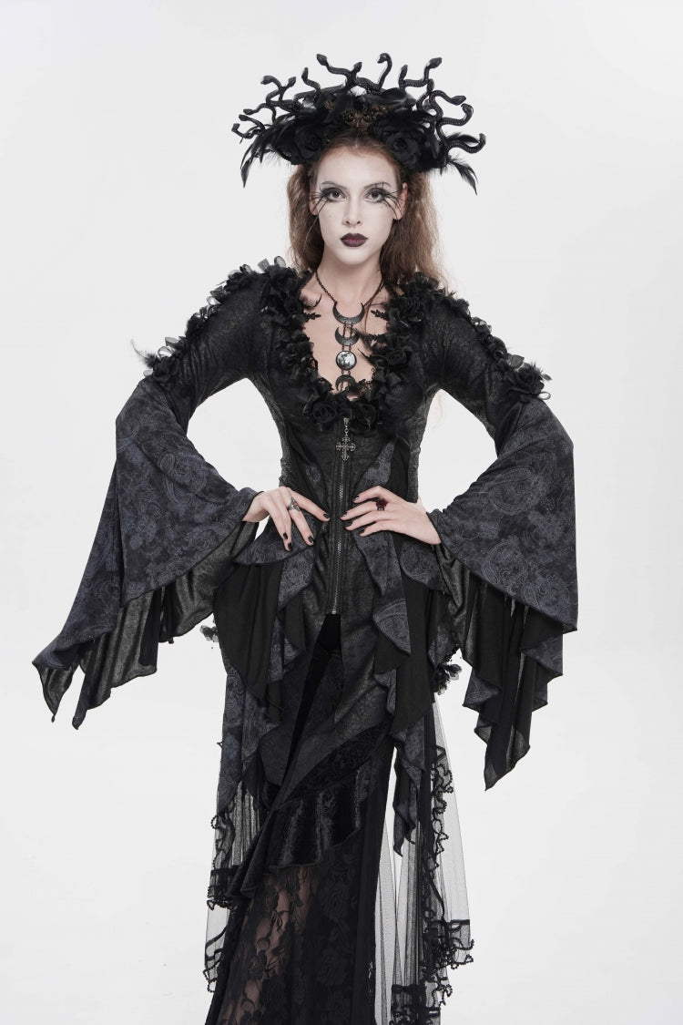 Black V Collar Long Trumpet Sleeves Printed Slim Women's Gothic Rose Feather Gorgeous Blouse