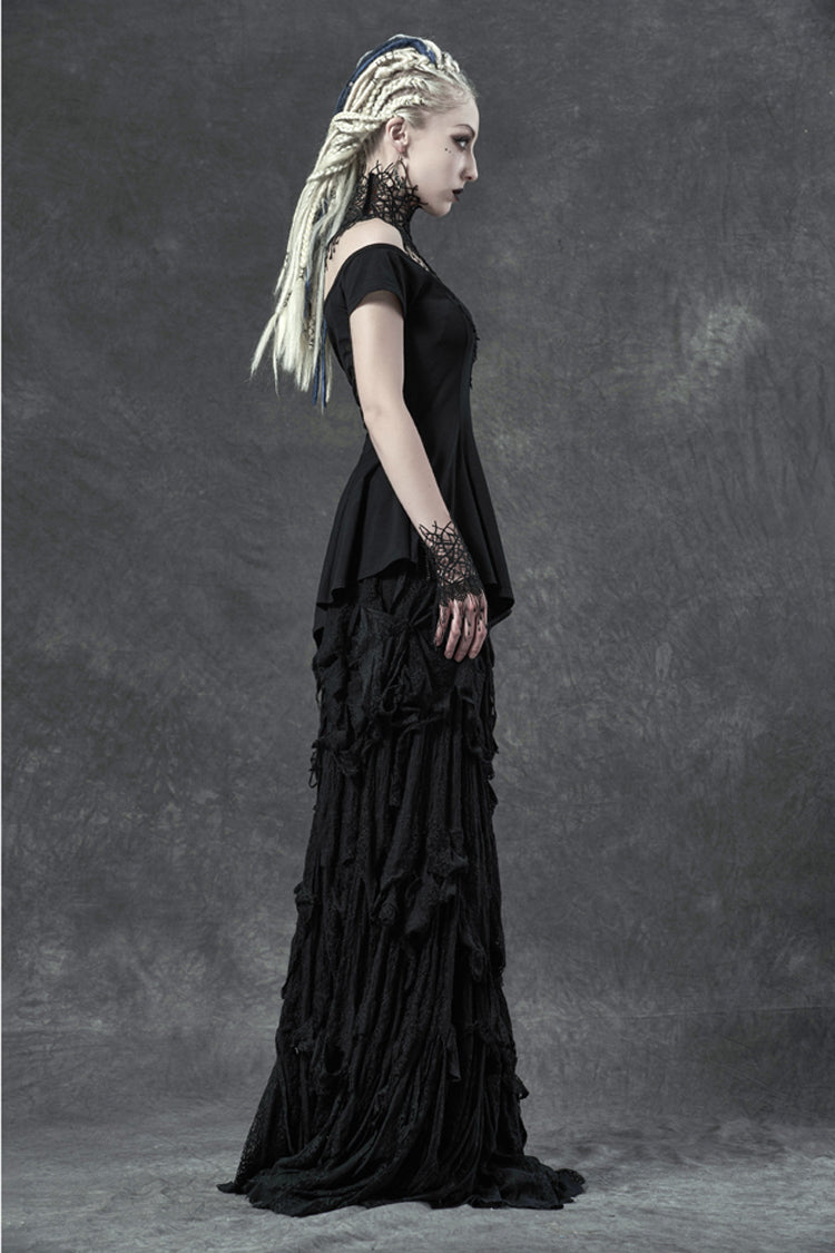 Black Short Sleeve Orizontal Neck Front Chest Lace Embroidery Frill Hem Women's Gothic T-Shirt
