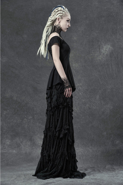 Black Short Sleeve Orizontal Neck Front Chest Lace Embroidery Frill Hem Women's Gothic T-Shirt