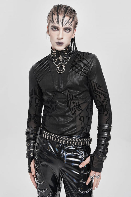 Black Long Sleeves Circuit Board Print Men's Punk Blouse