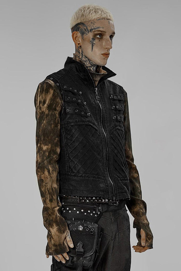 Black Punk Apocalyptic Stand Collar Twill Metal Skull Zip Men's Vest