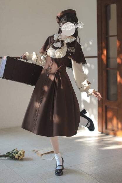 Brown/White [Sunset Academy] Long Sleeves Ruffle Bowknot Fake Two Pieces Vintage College Style Elegant Lolita Dress
