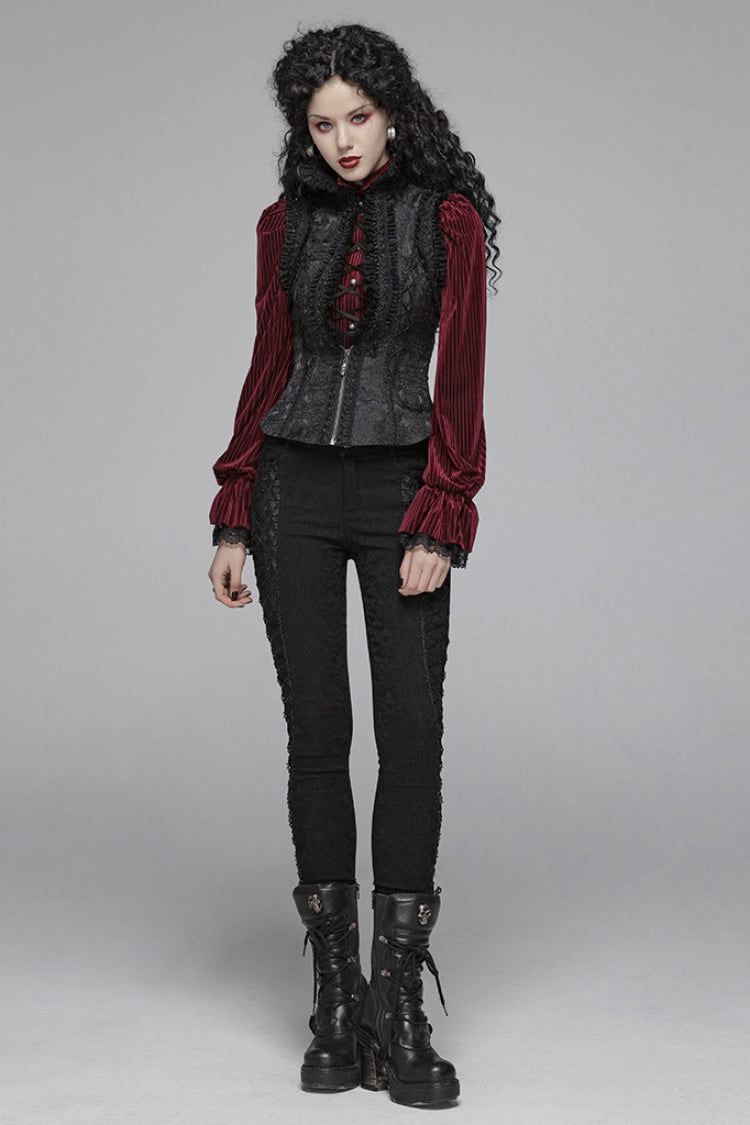 Black Stand Collar Sleeveless Floral Embroidery Lace Mesh Women's Gothic Waistcoat
