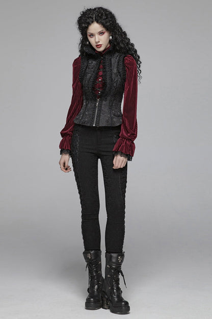 Black Stand Collar Sleeveless Floral Embroidery Lace Mesh Women's Gothic Waistcoat