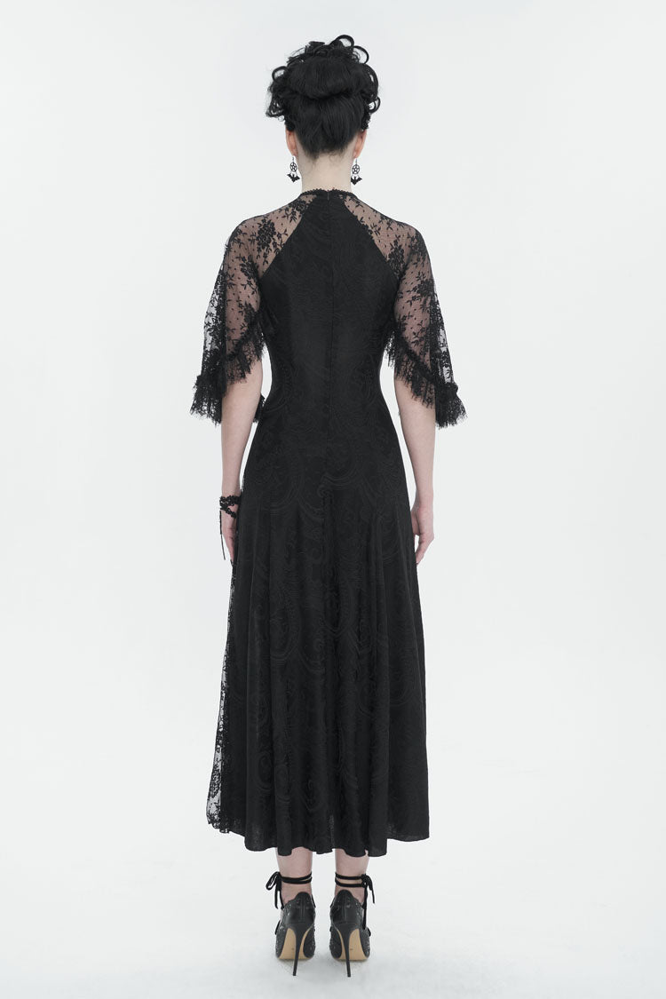 Black Stretch Printed Knit Panel Lace High Slit Asymmetric Women's Gothic Dress