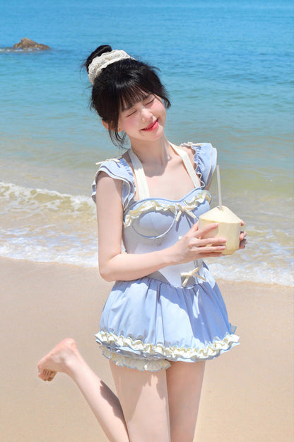 Blue Halterneck Ruffle Bowknot Sweet College Style Lolita One-piece Swimsuit