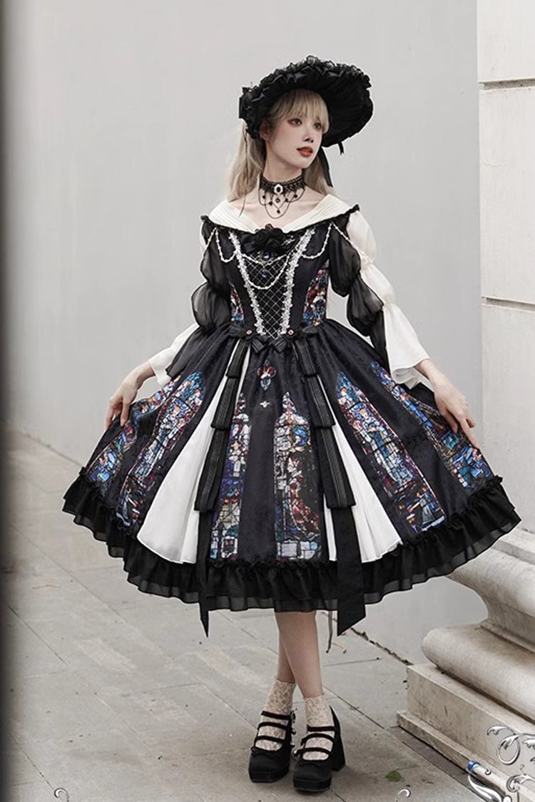 Black Stained Window Print Ruffle Bowknot Gothic Elegant Lolita Jsk Dress