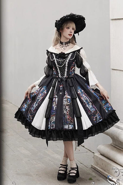 Black Stained Window Print Ruffle Bowknot Gothic Elegant Lolita Jsk Dress