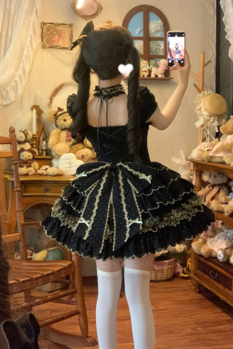 Black Sleeveless Multi-Layered Polka Dots Printed Ruffled Bow Sweet Princess Lolita Jsk Dress