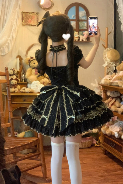 Black Sleeveless Multi-Layered Polka Dots Printed Ruffled Bow Sweet Princess Lolita Jsk Dress