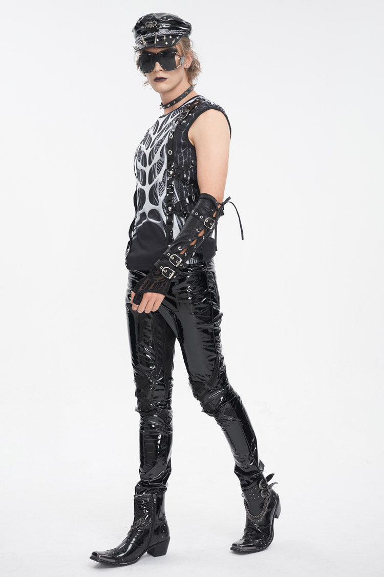 Black/White Round Collar Print Hollow Men's Punk Vest