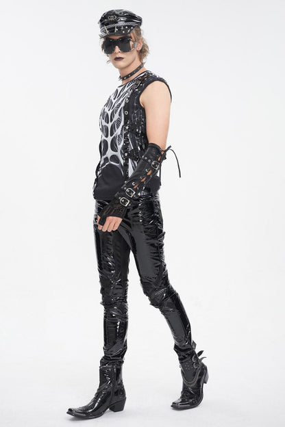 Black/White Round Collar Print Hollow Men's Punk Vest