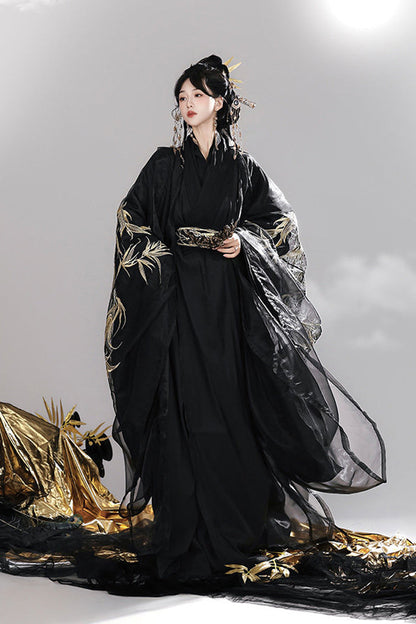 Black [Bamboo Leaves] V Collar Trumpet Sleeves High Waisted Embroidered Women's Classic Hanfu Dress Set