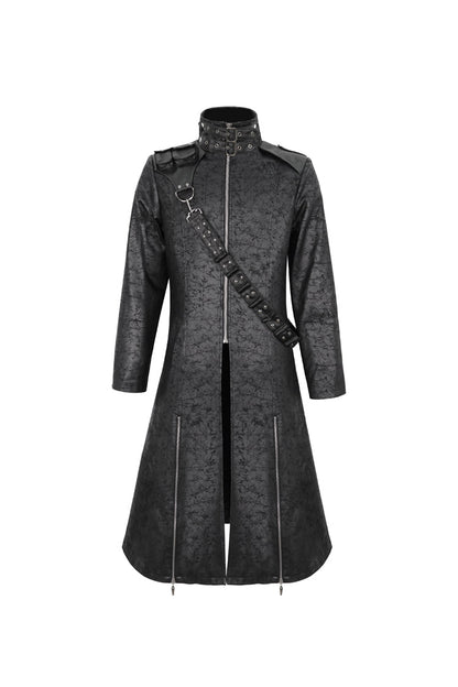Black Stand Collar With Strap Split At The Hem Long Men's Gothic Coat