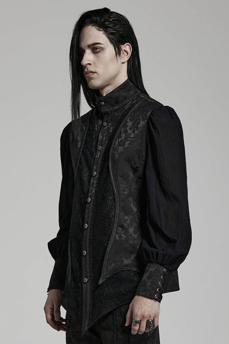 Black Stand Collar Long Puff Sleeves Jacquard Print Lace Mens Gothic Blouse