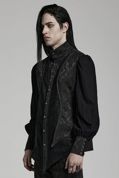 Black Stand Collar Long Puff Sleeves Jacquard Print Lace Mens Gothic Blouse