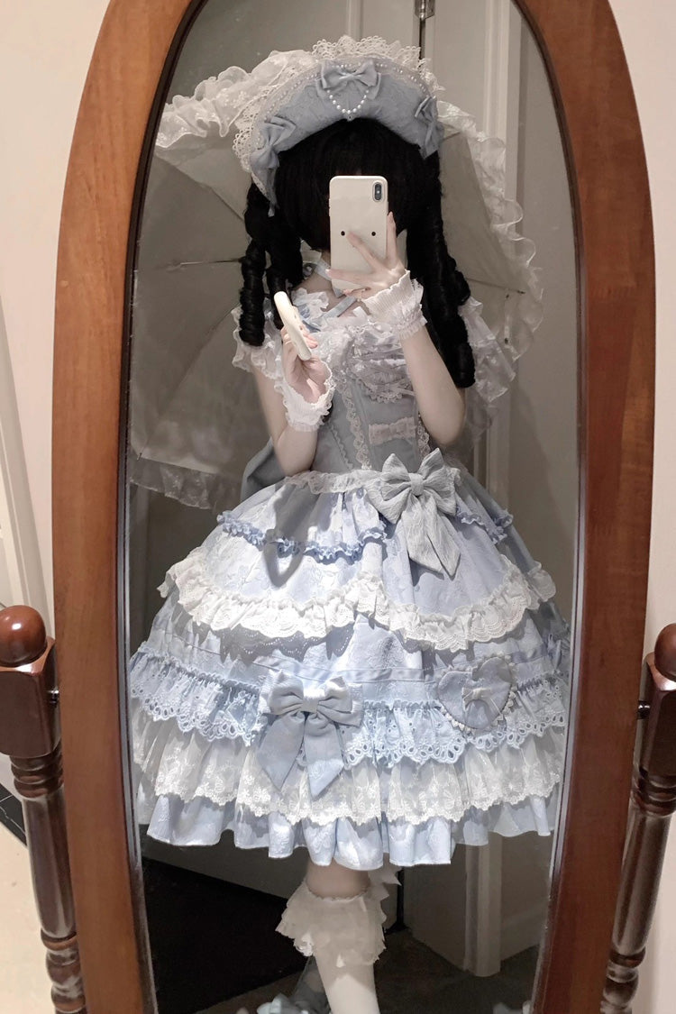 Blue [Super Cute Belia] Sleeveless Triple-Layered Ruffle Bowknot Lace Sweet Elegant Lolita Jsk Dress