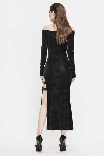 Black Punk Side High Fork Sexy Slim Fit Long Womens Dress With Chocker