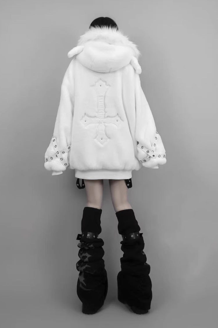 White Long Sleeves Lamb Ears Hooded Rivet Punk Japanese Jirai Kei Coat