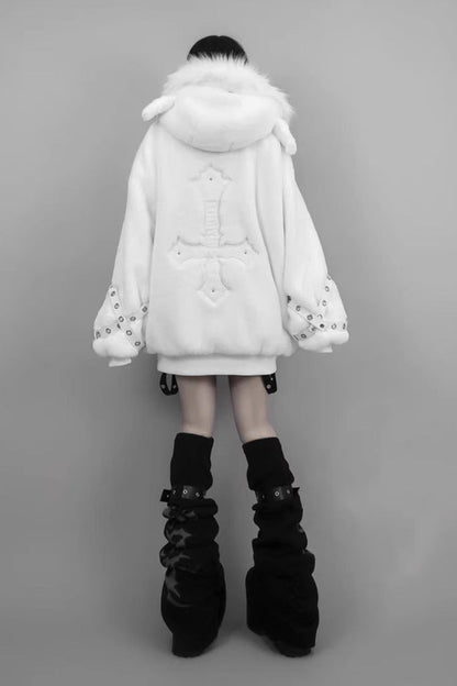 White Long Sleeves Lamb Ears Hooded Rivet Punk Japanese Jirai Kei Coat