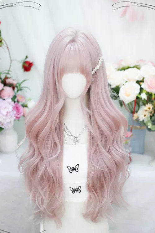Pink Short Bangs Sweet Lolita Long Curly Wigs
