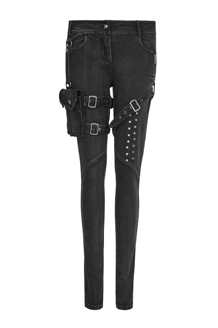 Black Removable Pocket Buttonhole Trim Skinny Stretch Denim Women's Punk Trouser