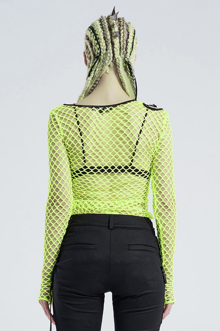 Green Long Sleeve Round Collar Shoulder Hollow Out Leather Hasp Coarse Mesh Women's Punk T-Shirt