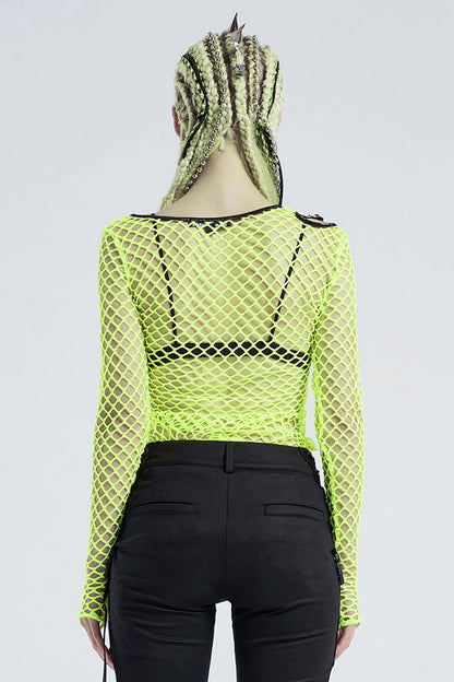 Green Long Sleeve Round Collar Shoulder Hollow Out Leather Hasp Coarse Mesh Women's Punk T-Shirt