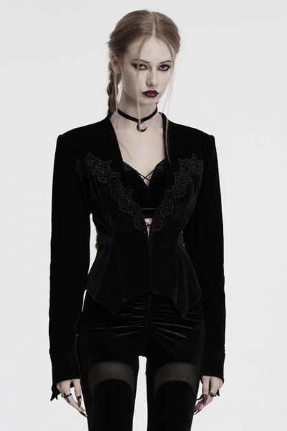 Black V Collar Long Sleeves Floral Embroidery Lace-Up Women's Gothic Jacket