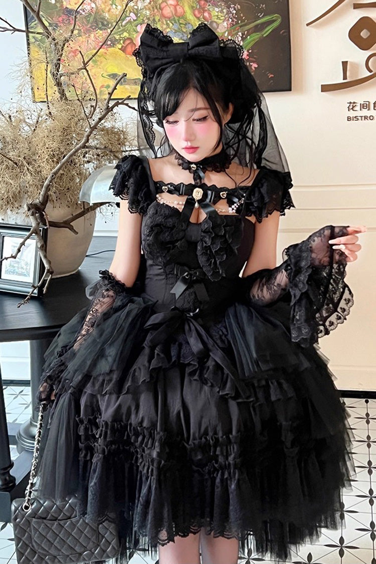 Black [Jewelry Love Story] Halterneck Ruffle Hanayome Bowknot Lace Gothic Lolita Dress