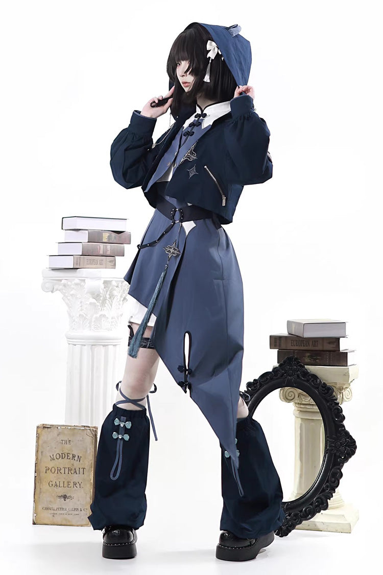 Blue [Indigo Shadow Journey] Stand Collar Long Sleeves Embroidered Hooded Asymmetric Punk Ouji Lolita Dress Four-Piece Set