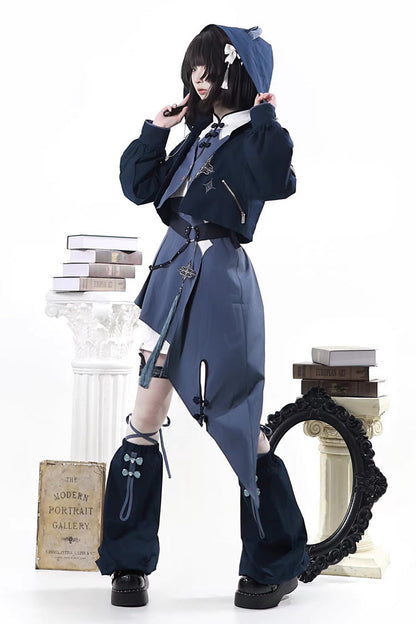 Blue [Indigo Shadow Journey] Stand Collar Long Sleeves Embroidered Hooded Asymmetric Punk Ouji Lolita Dress Four-Piece Set