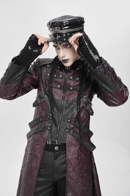Red Stand Collar Zipper Straps Eyelet Men's Punk Coat