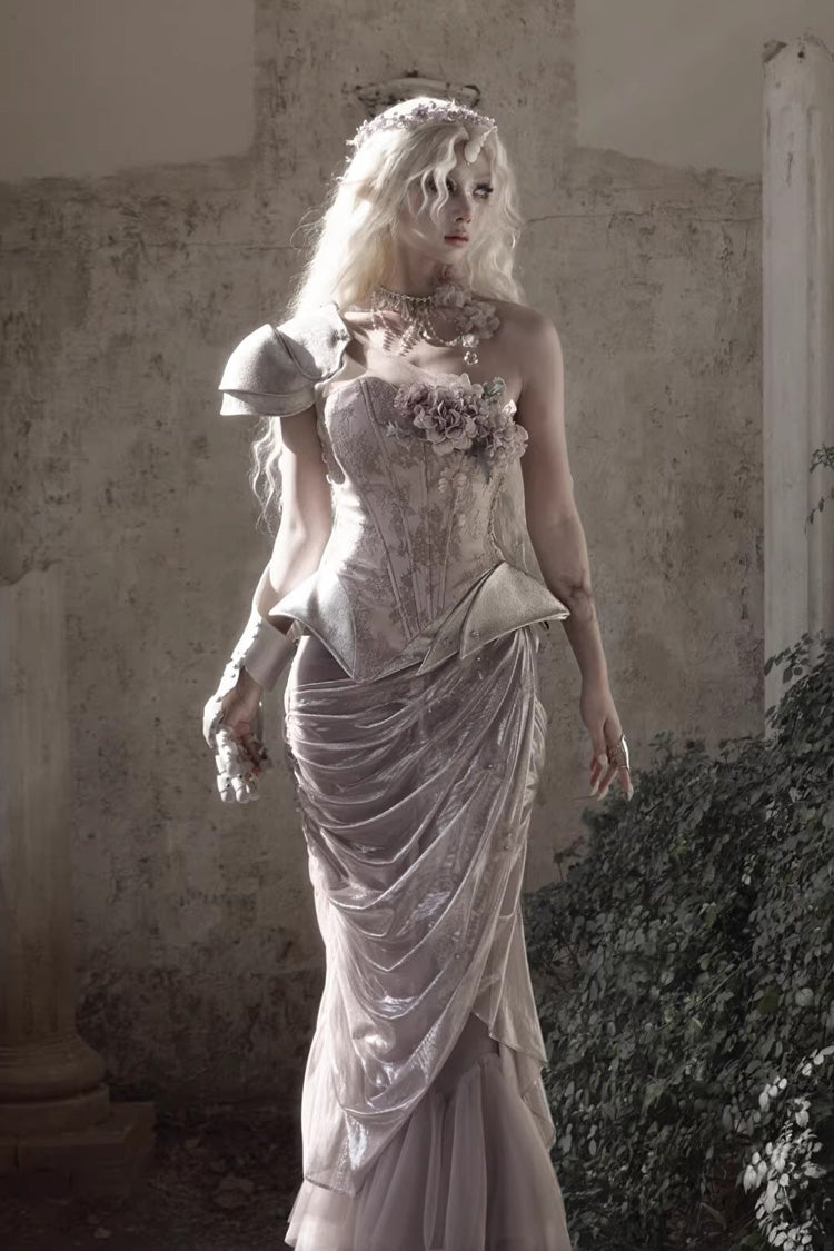 Pink [Moonlight Beast Spirit] Elf-style One-shoulder Printed 3D Floral Asymmetric Fishbone Sweet Corset