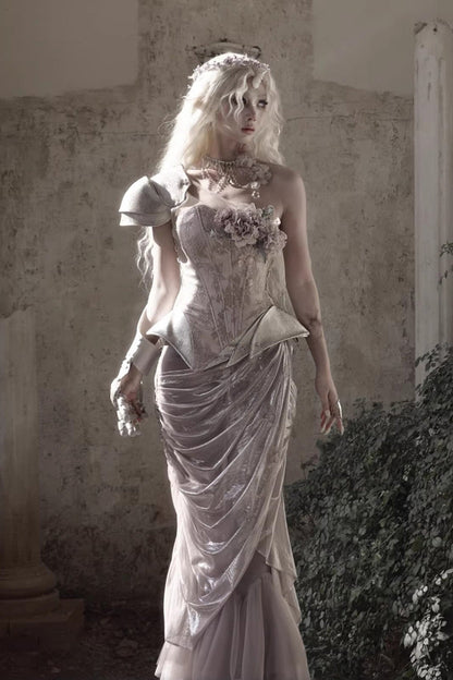 Pink [Moonlight Beast Spirit] Elf-style One-shoulder Printed 3D Floral Asymmetric Fishbone Sweet Corset