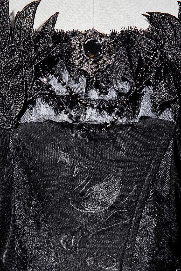 Black [Star Swan Dream] Ruffle Embroidery Bowknot Lace Gothic Lolita Jsk Dress