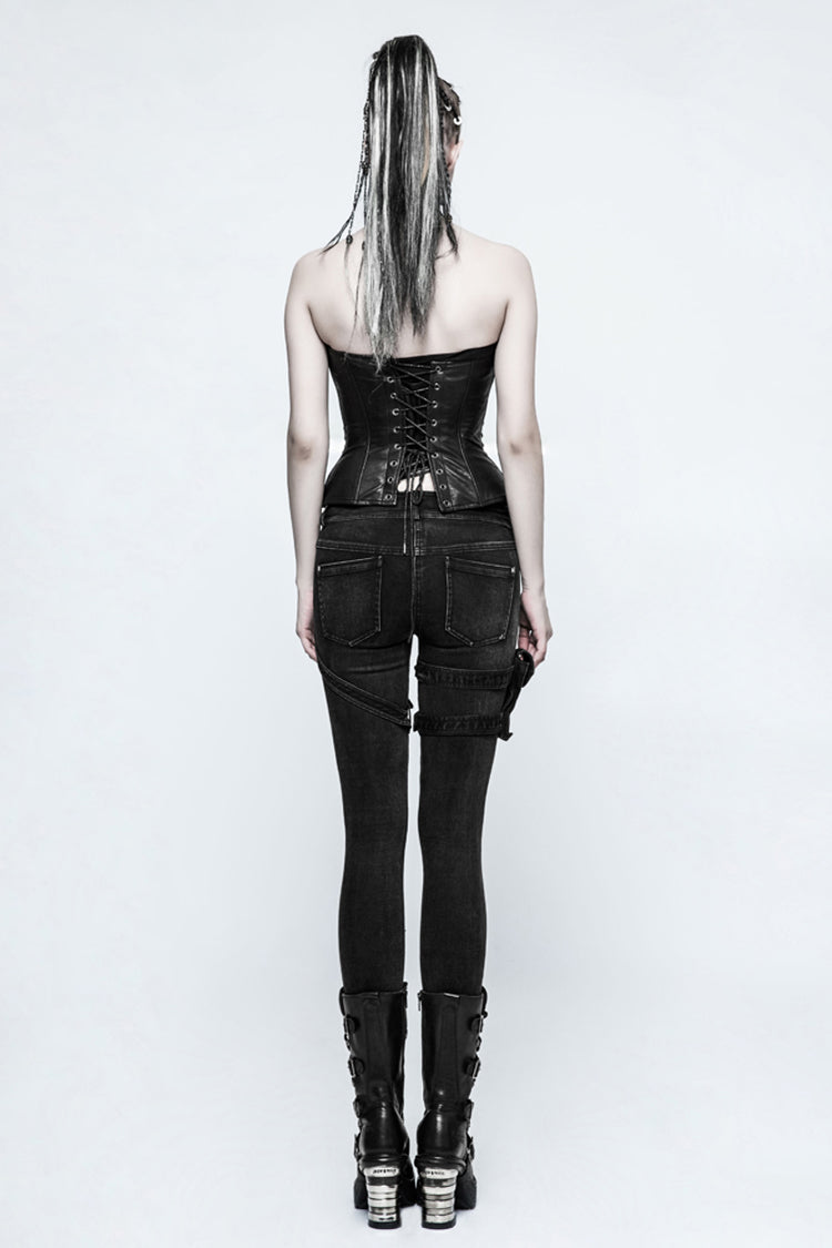 Black Removable Pocket Buttonhole Trim Skinny Stretch Denim Women's Punk Trouser