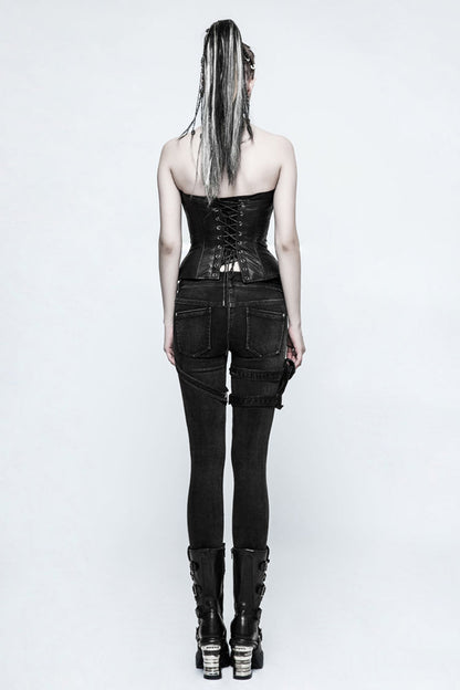 Black Removable Pocket Buttonhole Trim Skinny Stretch Denim Women's Punk Trouser