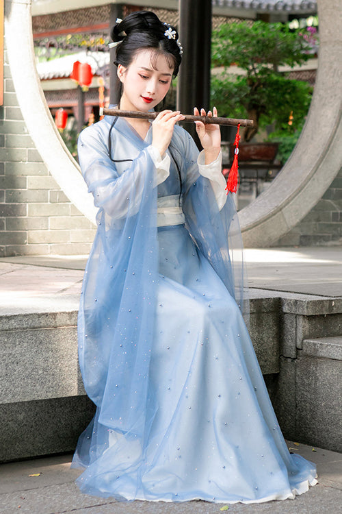 Blue Chinese Style School Sweet Hanfu Dress