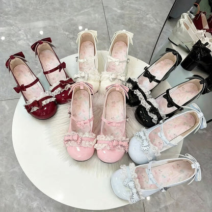 Round Toe Bow Lace Trim Lolita Mary Jane Shoes with Cat Paw Mid Heels 6 Colors
