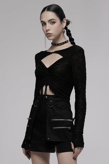 Black V Collar Long Sleeves Hollow Slim Women's Punk Blouse