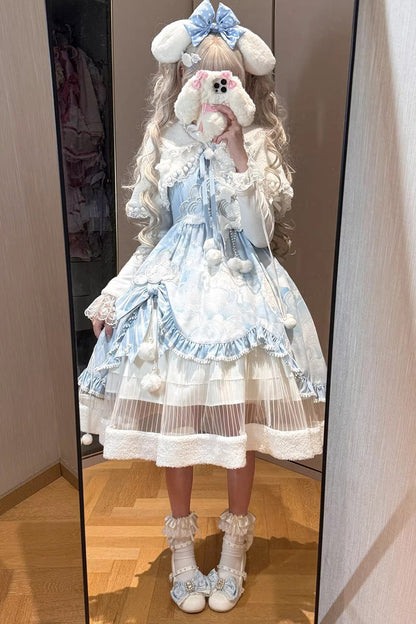 Blue [Cloud Dreamland] Cut-Out Embroidered Bow Lace Asymmetric Sweet Elegant Lolita Jsk Dress Set