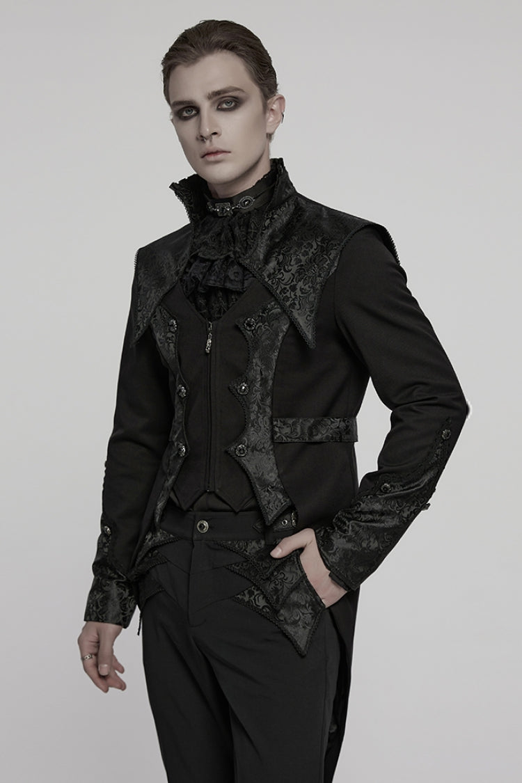 Black Stand Collar Long Sleeves Jacquard Stitching Swallow-tailed Men's Gothic Coat