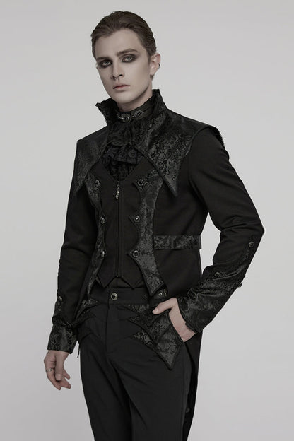 Black Stand Collar Long Sleeves Jacquard Stitching Swallow-tailed Men's Gothic Coat