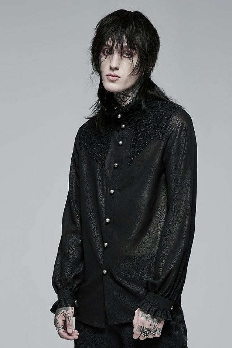 Black Stand Collar Ruffle Floral Embroidery Mens Gothic Blouse