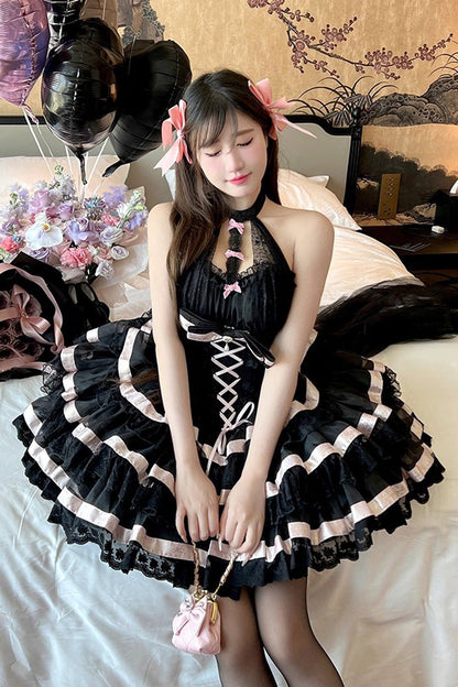 Black [Ballet Dream] Halterneck Triple-Layered Ruffle Bowknot Lace-Up Sweet Princess Lolita Dress