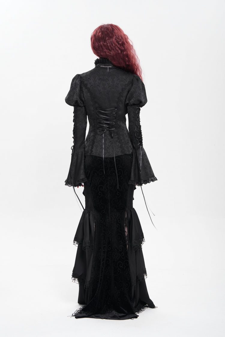 Black Stand Collar Long Puff Sleeves Floral Jacquard Lace-Up Women's Gothic Blouse